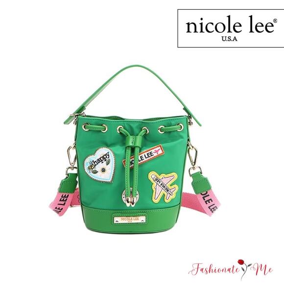 Nicole Lee USA Embroidered Color Patches Drawstring Closure Bucket Bag | Green - Picture 1 of 14